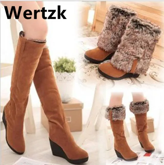 

34-44 Winter 3 Styles Fur Boots Ladies High Heels Platform Knee High Snow Boots Women 2019 Warm Fur Wedge Shoes Woman