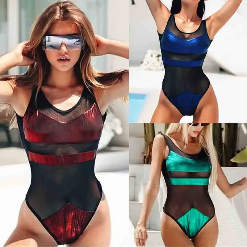 

Women One Piece Shine Swimsuit Sexy Push Up Pad Mesh Swimwear Conservative Beachwear Women Sport Bathing Swimming Suit Bikini