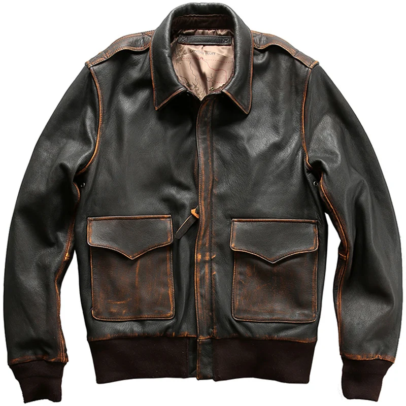 

HARLEY DAMSON Vintage Brown Men USAF Pilot Leather Jacket Plus Size XXXL Genuine Cowhide Russian Winter Aviator Leather Coat