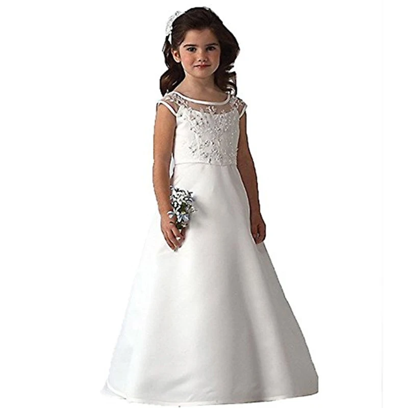 

Sheer Neckline Flowers Satin A Line Kids Girls Party Dress Flower Girls Dress For Wedding Formal Wear 2 3 4 5 6 7 8 9 10 12 Year