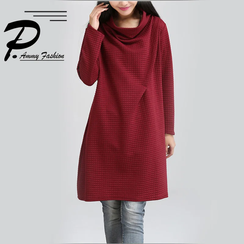 

Women's Plus Size Turtle Neck Padded Cotton Long Sleeves Checkered Oversized Jumper Dress Ladies Winter Oversized Loose Tunic