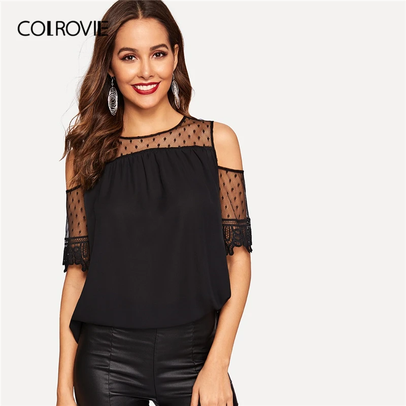 

COLROVIE Black Dot Mesh Cold Shoulder Panel Guipure Lace Elegant Top Women Shirts 2019 Summer Workwear Office Ladies Blouses
