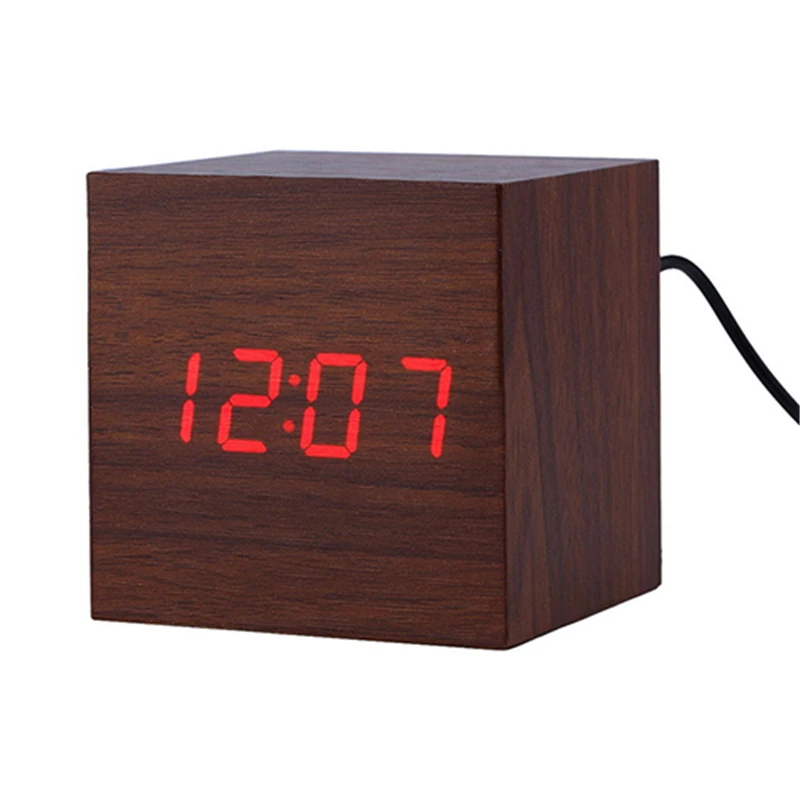 Modern Wooden Cube Digital LED Thermometer Timer Calendar Desk Alarm