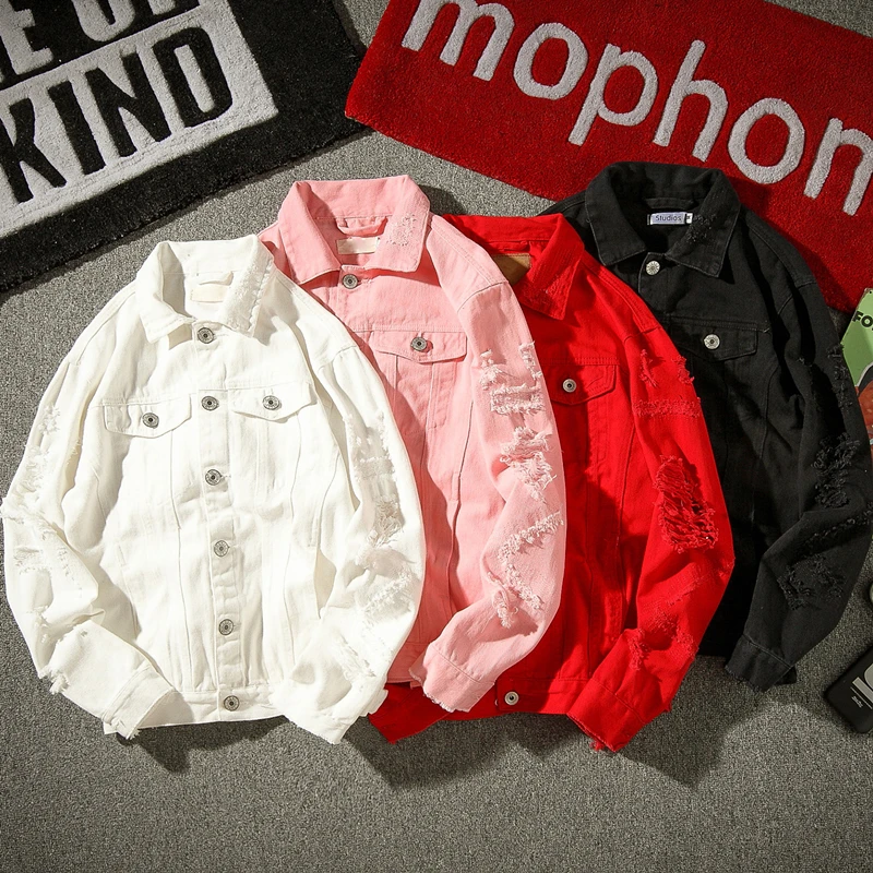 Рваные мужские и женские красные, белые, розовые, черные однотонные джинсовые куртки, модная уличная одежда, мужские повседневные потертые джинсы, куртка, пальто 5XL