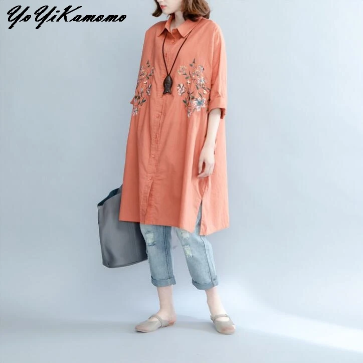 

YoYiKamomo 2017 Summer Women Dress Cotton Linen New Embroidered Dress Casual Loose Robe Women
