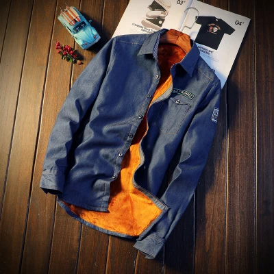 Осень-зима, модная новинка, мужская повседневная теплая рубашка из плюша и шерсти с длинным рукавом/Мужская Облегающая джинсовая рубашка в ковбойском стиле - Цвет: shen  lan