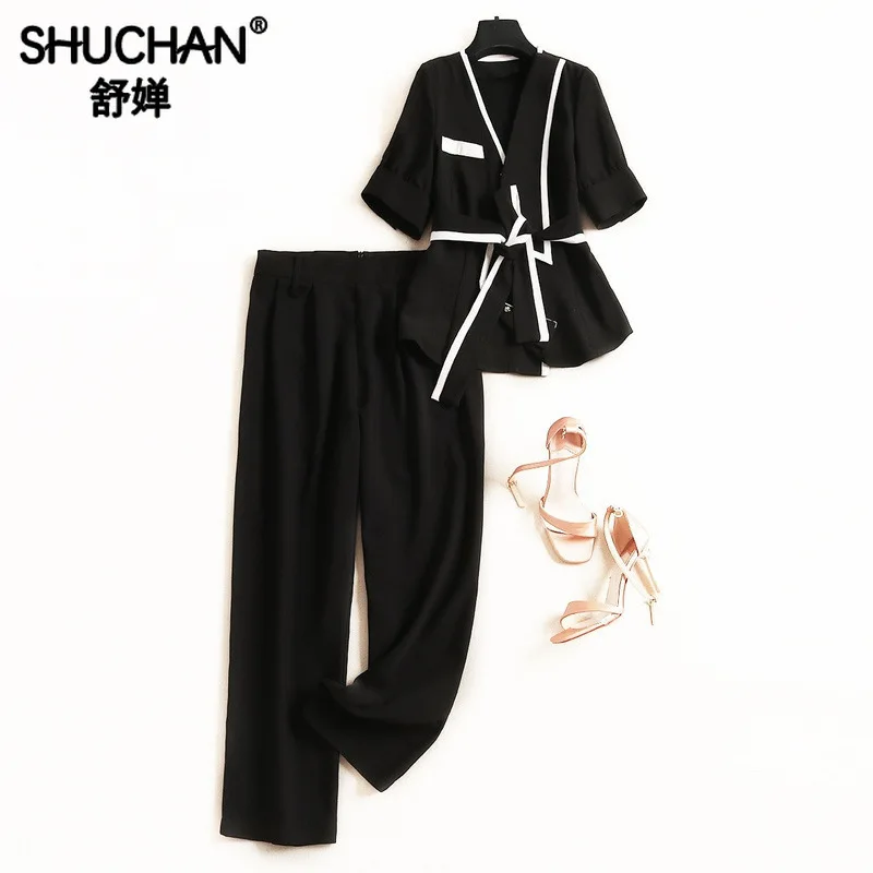 

Shuchan Women Two Piece Outfits Korean Style Women Designer Hidden Breasted V-Neck Top+pants Ankle-Length Women Suit 51240