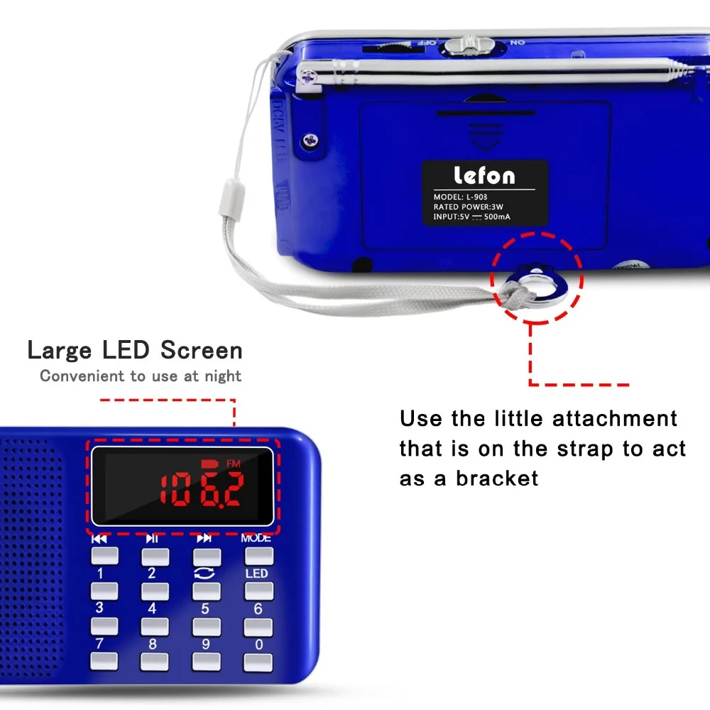 Lefon портативное минирадио приемник AM FM перезаряжаемый MP3 музыкальный плеер TF/SD USB привод AUX светодиодный экранный фонарик