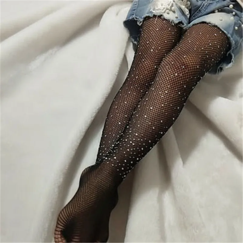 

Toddler Girls Fashion Fishnet Hollow Bling Tights Children Stretch Elastic Mesh Crystals Tights Girl Stockings Solid Pantyhose
