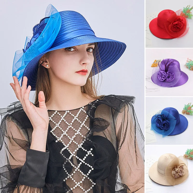 

Women's Organza Wide Brim Floral Ribbon Crin Feather Flower Satin Kentucky Derby Church Wedding Sun Hat New