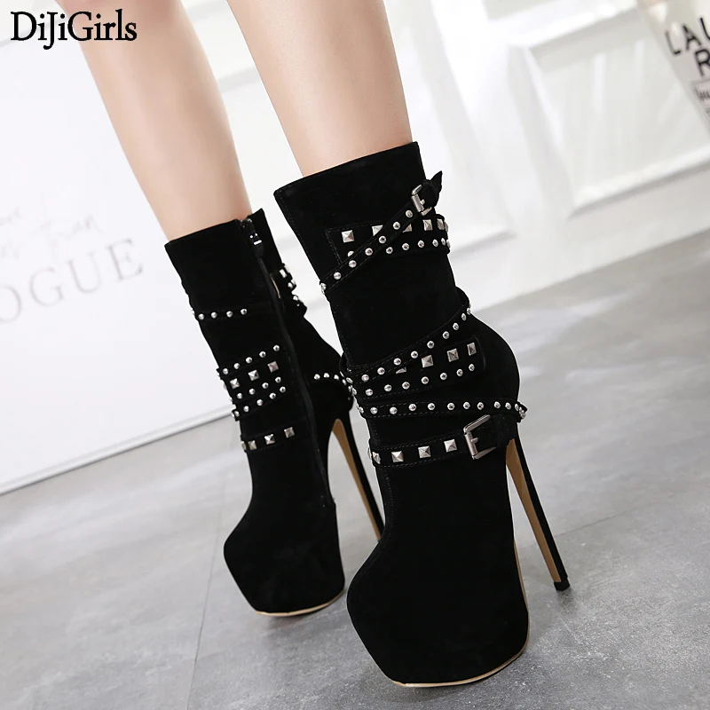 

16cm High Heel Boots Fashion Rivet Strappy Buckle High Heels Platform Ankle Boots Wamen Black Suede Round Toe Punk Boots