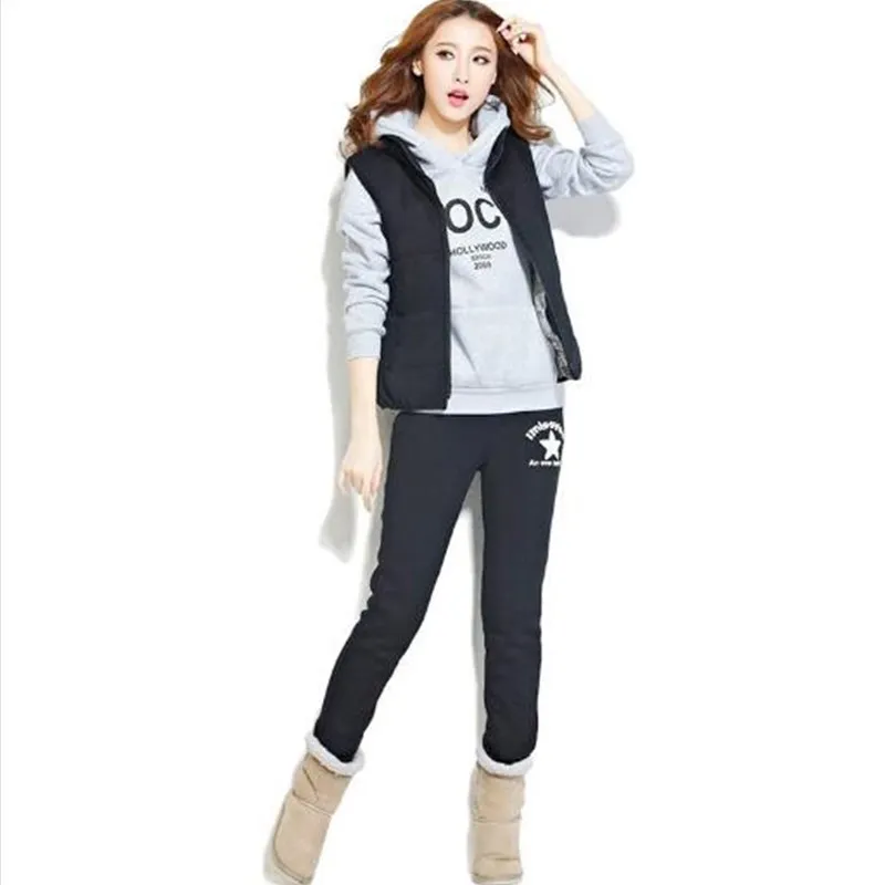 

3PCS Tracksuits Sets Womens Sportwear Hoodies Hooded Casual Outerwear Sweatshirt+Vest+Full Pant Female Warm Suit Plus Size
