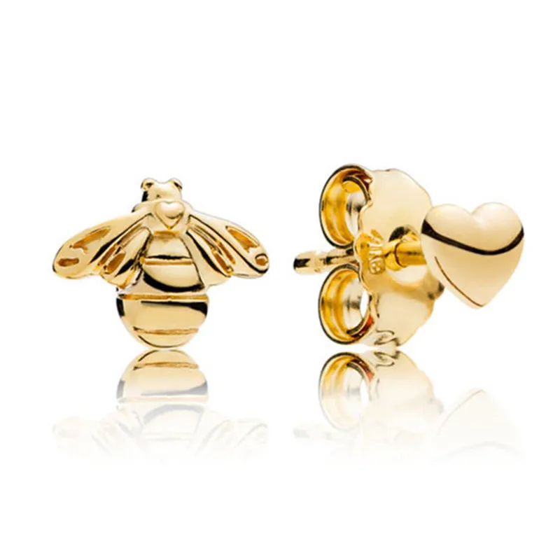 

Fashion 925 Sterling Silver Original Branded Earrings For Women Shine Gold Bee And Heart Earring Studs Fine Europe Jewelry Gift
