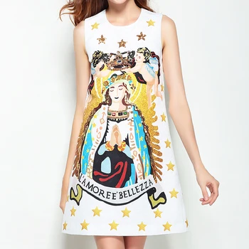 

XF Summer Dress 2019 Casual Women'S Angels Pattern Beads Diamonds Print High Quality Jacquard Sleeveless A-Line White Dress