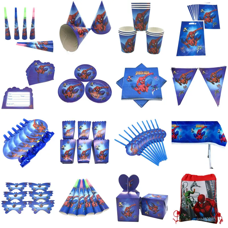 

Spiderman Theme Birthday Party Decor Paper Plate Cup Napkin Banner/Flag Candy Box Straw Tableware Set Baby Shower Party Supplies