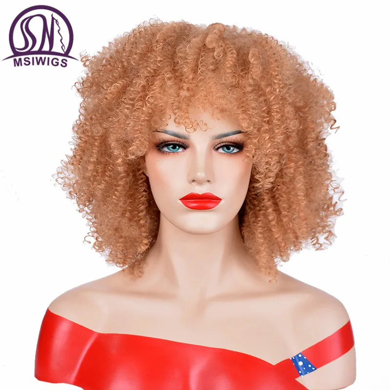 MSIWIGS Brown Synthetic Curly Wigs for Women Red Black Short Wig with Bangs Grey Hair Heat Resistant