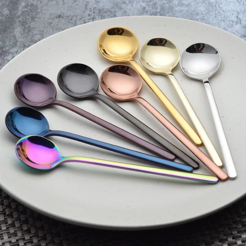

Creative Polished Stainless Steel Spoon Cute Long Handle Round Spoon Multi-color Multi-function For Stirring, dessert, coffee