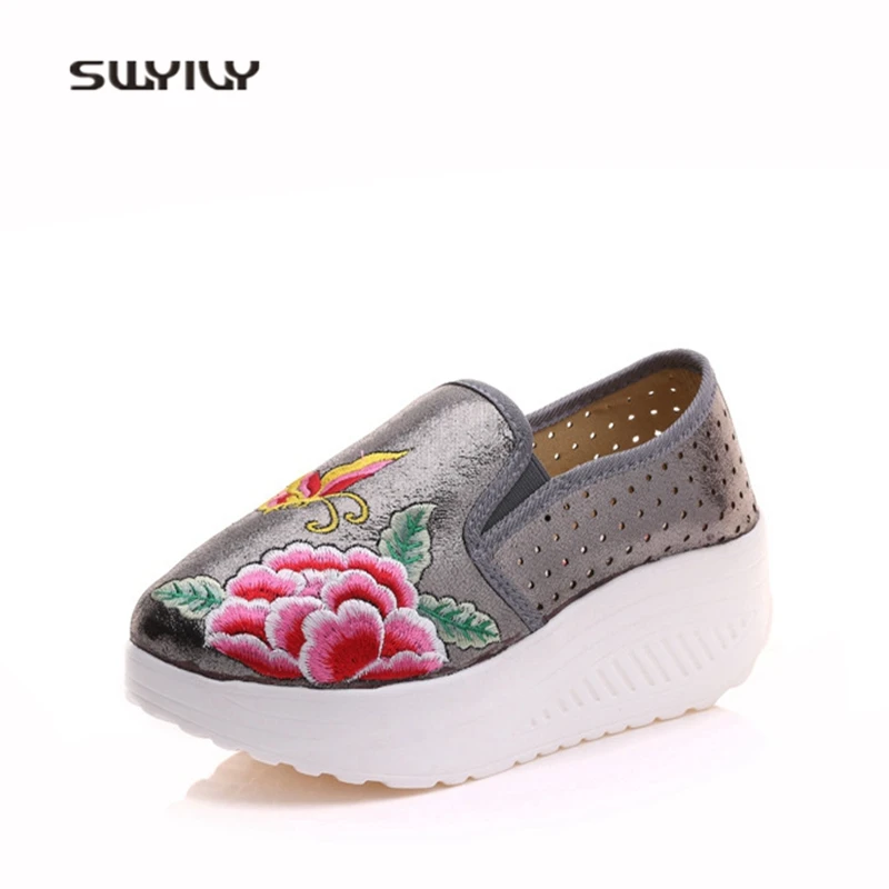 SWYIVY Women Slimming Shoes Wadge Embroidered Breathable Swing 2018 New Summer Height Increasing Big Size43 Female Toning Shoes