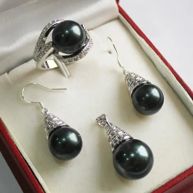 

AAA 12mm Black Shell Pearl Pendant Necklace Earrings Ring Set AAA style 100% Natural jade Noble Fine jewe