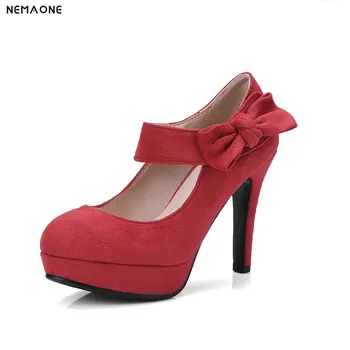 

NEMAONE New flock women pumps thin high heels mary janes wedding shoes woman rouned ladies shoes large size 43