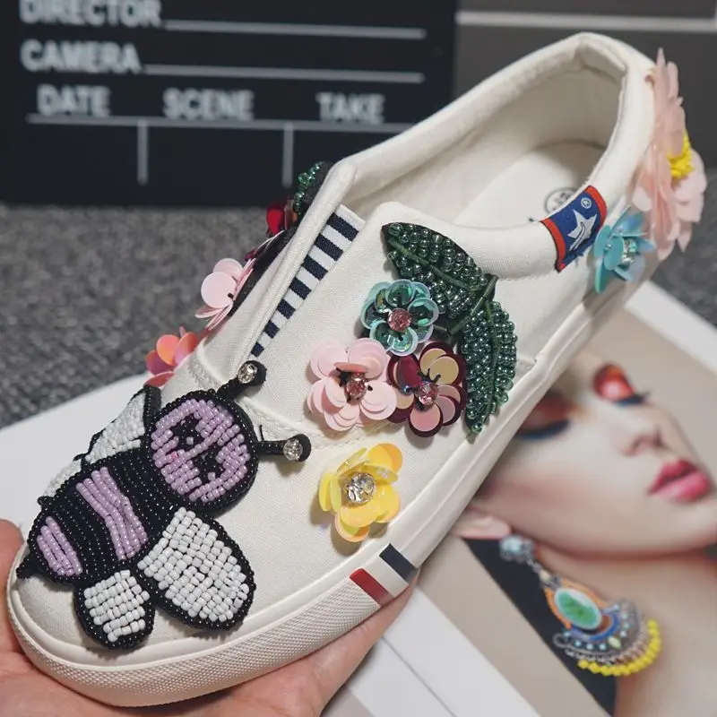

women Shoes Flat canvas 3D Flower Bees Bead Perle plaste Femmes zapato plano Mujeres Frauen mit flachen Schuhen Donne di scarpe