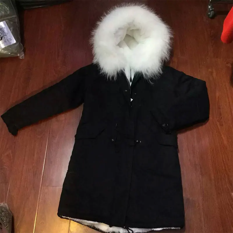 Black winter women coat white faux fur lining long jacket Free shipping Black winter women coat white faux fur lining long jacket Free shipping