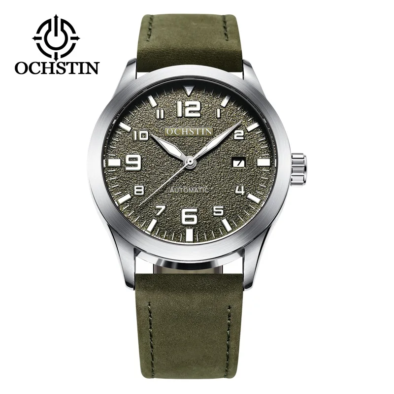 ARMY GREEN Роскошный топ бренд OCHSTIN автоматические часы для мужчин водонепроницаемый Дата Спорт для мужчин кожа механические наручные часы Мужские часы Мода relogio - Цвет: ARMY GREEN