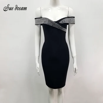 

2019 New Summer Women's Bandage Dress Fashion Party Dress Sexy Off-Shoulder Black Pearl Diamond Knee Long Club Dress