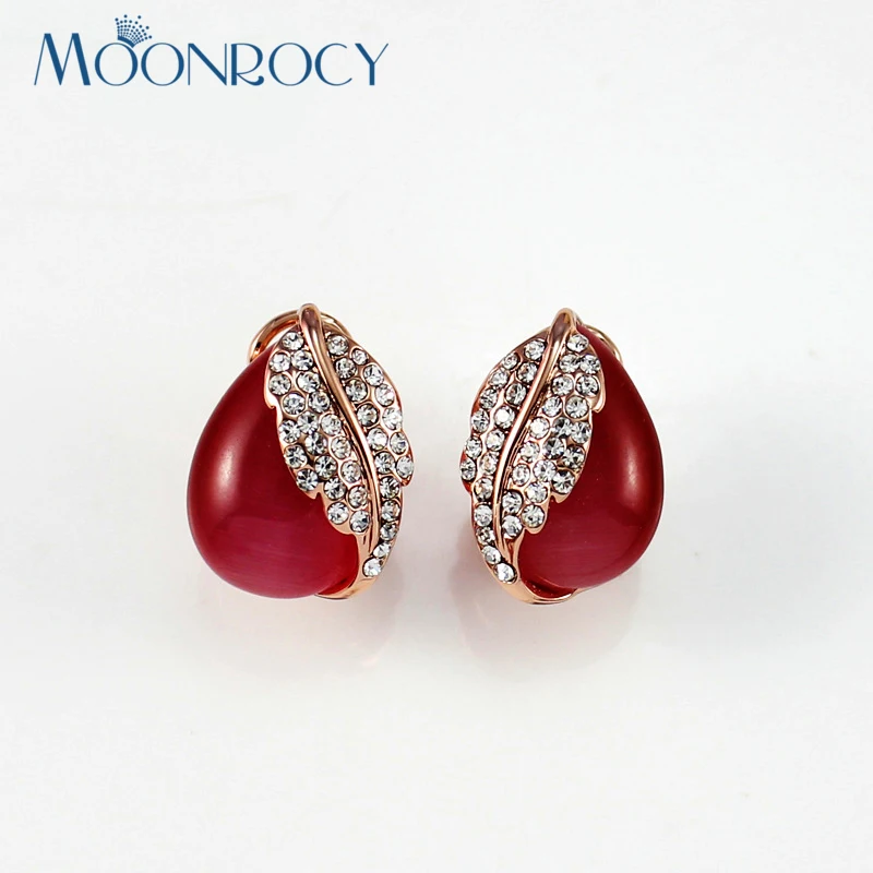

MOONROCY Free Shipping Fashion Cubic Zirconia Rose Gold Color Vintage Red Leaf Opal Crystal Earring Jewelry for Women New Gift
