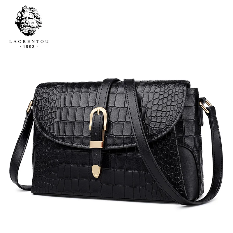 

Laorentou Vintage Alligator Message Bag Lady Cowhide Leather Flap Bag Multi-function Office Lady Commuter Style Shoulder Bags