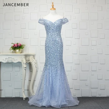 

JANCEMBER Luxury prom dresses girls Sequined V-Neck Off the Shoulder Illusion Court Train Mermaid vestido noche elegante largo