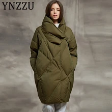 YNZZU, зимний женский пуховик, армейский зеленый, элегантное, средней длины, свободное, толстое, теплое пальто, белый гусиный пух, Женская куртка, AO563