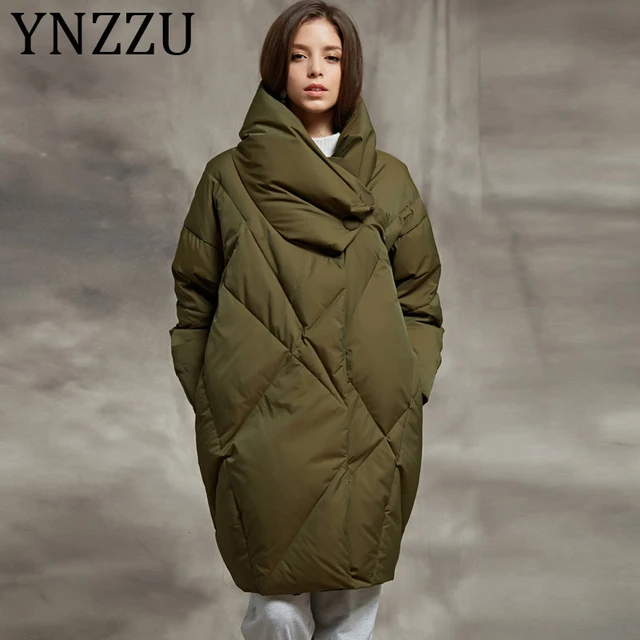 $US $77.59  YNZZU 2019 Winter Bread Down Jacket Women Army Green Elegant Mid-Long Loose Thick Warm Coat White G