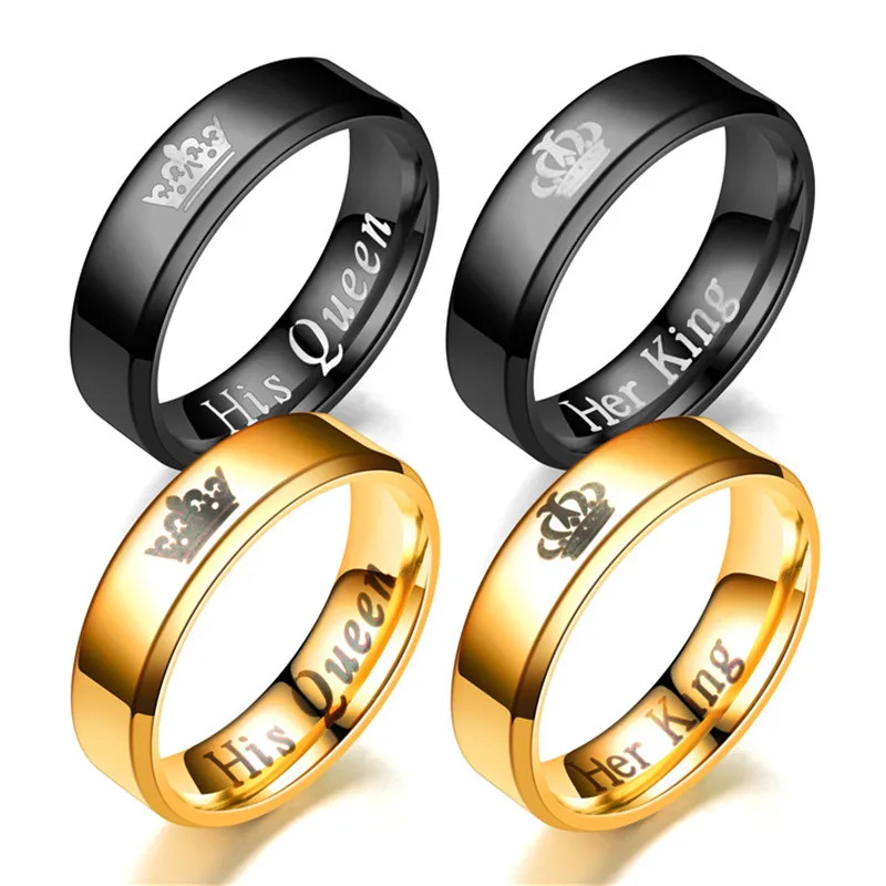 cheap Fashion Her King And His Queen Crown Ring For Women Men Black Gold Color Couple Wedding Ring Promise Jewelry