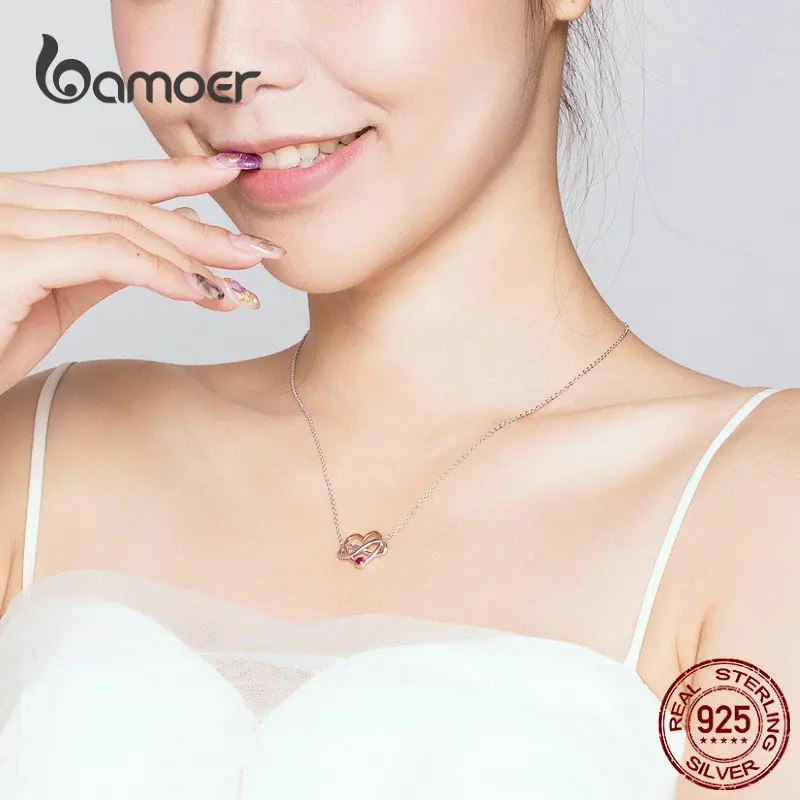 bamoer Infinity Love Silver Necklaces for Women Rose Gold Color Biocolor Heart Short Necklace Gifts for Girlfriend BSN071