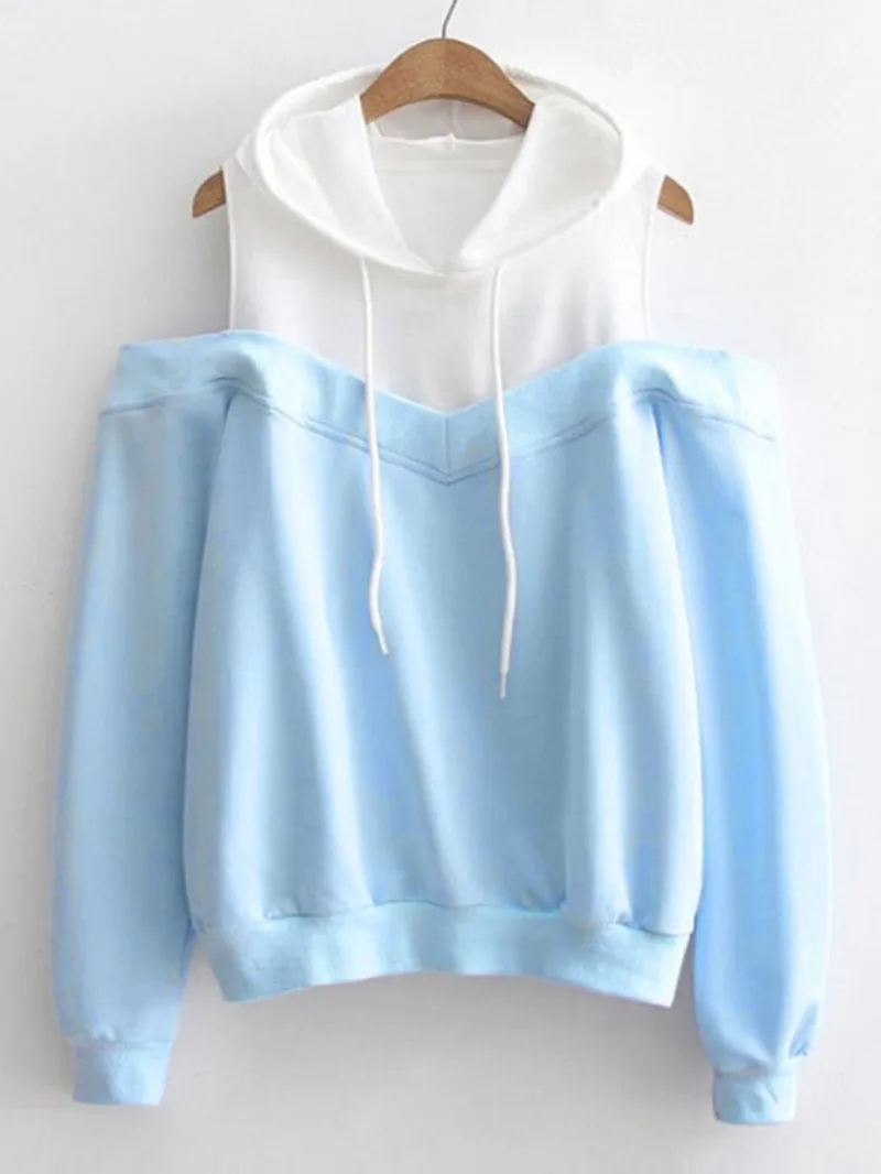 Fashion Autumn Women Pullover Sweatshirt Loose Off Shoulder Patchwork Hoodies Casual Long Sleeve Hooded Sweatshirt Hoodies