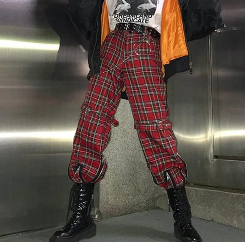 red plaid punk pants