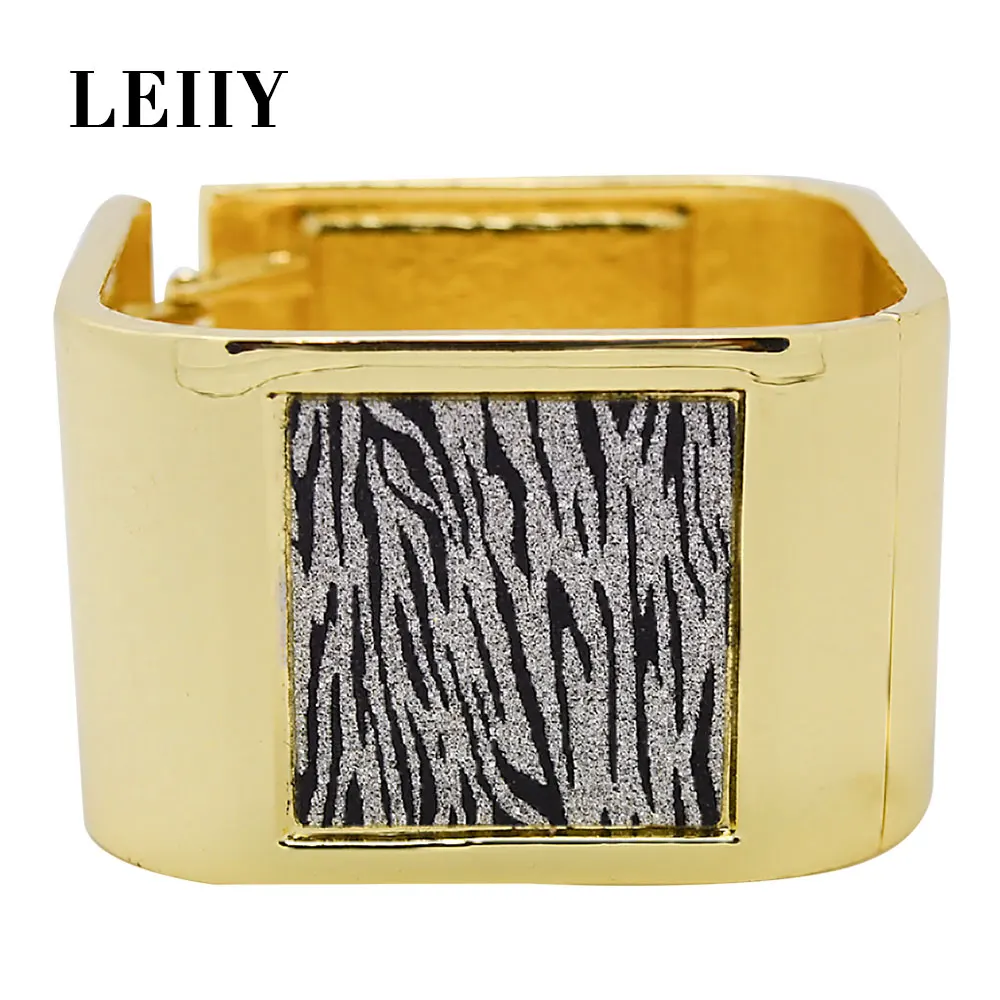 Leiiy New Design Square Zebra Stripe Spring Cuff Bangles For Women Gold