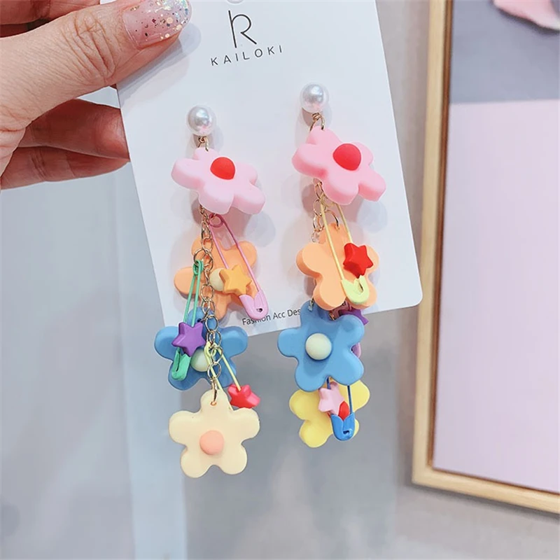 

Korean Fashion Acrylic Candy flower colored Earring stars Simulated Pearls Creative tassel for Women Jewelry Gift wholesale