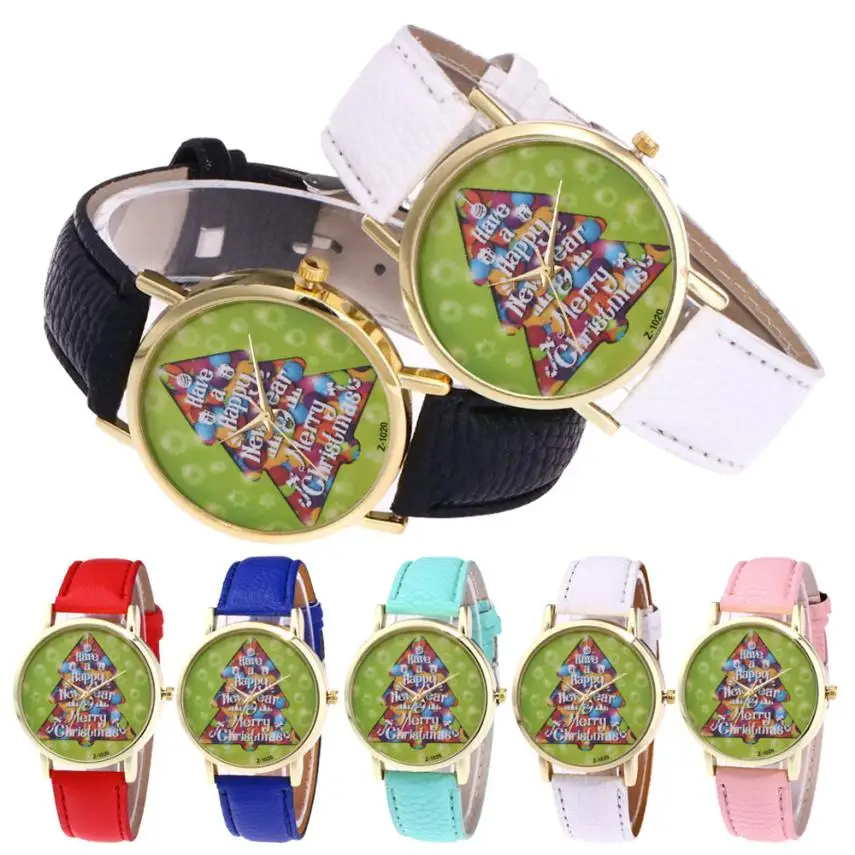 

New Christmas Tree Pattern Leather Band Analog Quartz Vogue Watches Leather Hours clock women 2018 watch women luxury Top