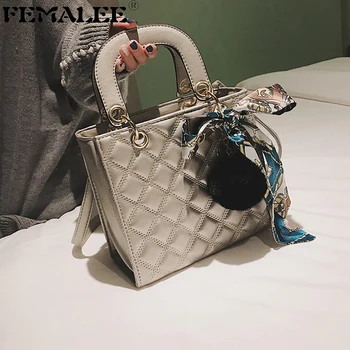 

FEMALEE PU Leather Handbags Women's Designer Handbag Diamond Lattice Lady Hand Bag Tote Shoulder Bags With Fur Ball Scarves