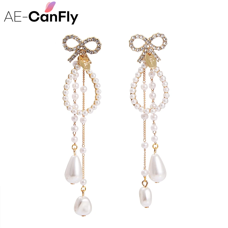 

AE-CANFLY Trendy Bowknot Crystal Drop Earrings for Women Elegant Long Simulated Pearl Tassel Dangle Crystal Ear Jewelry