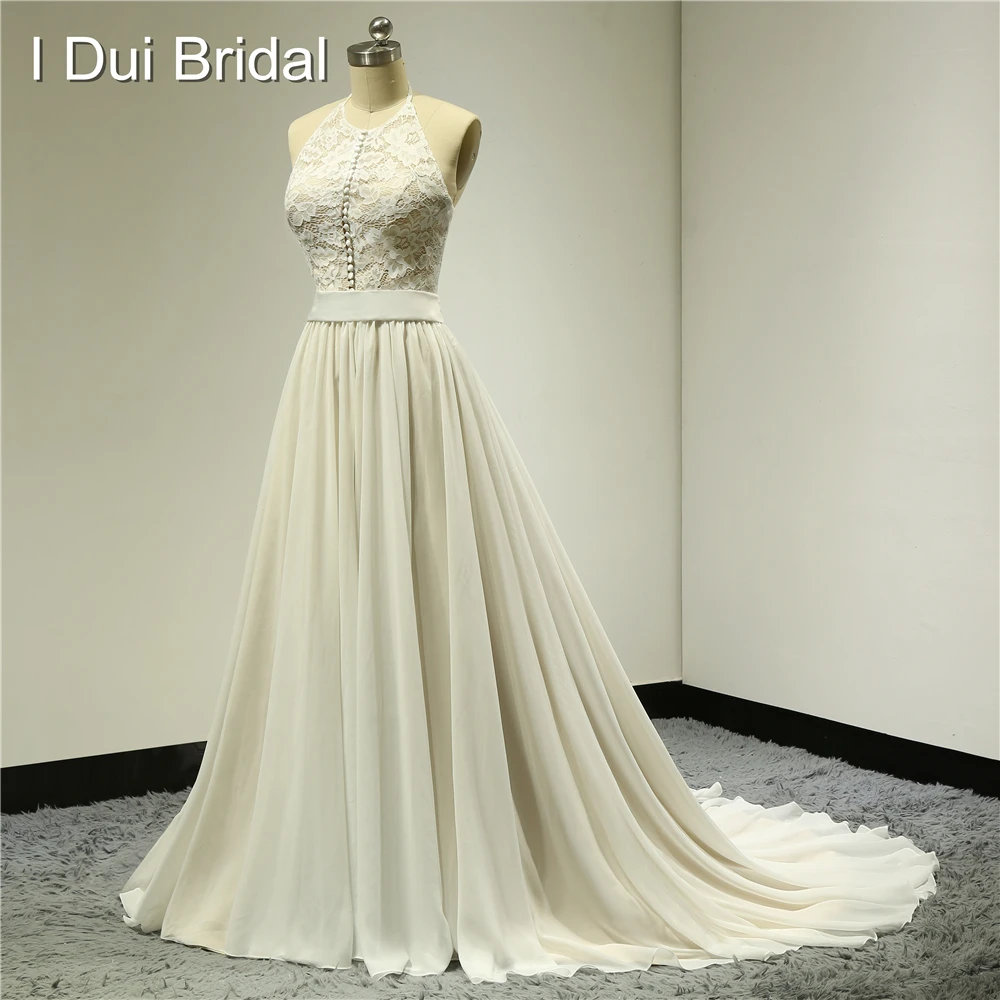 Special Price Halter Button Front Wedding Dresses Lace Top Chiffon with Belt Real Photo Factory Custom Made ELS007