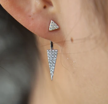 

100% 925 sterling silver simple design pave clear cubic zirconia punk spike triangle studs delicate front back earring
