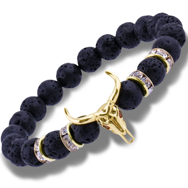 

Punk Bull Head Zircon Bracelet Fashion 8MM Lava Stone Beads Charm Bracelets & Bangles Macrame Strand Jewelry Gift