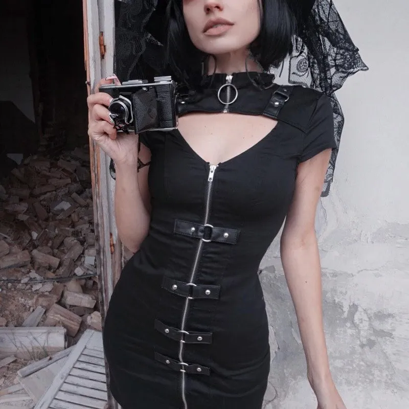 

2019 Gothic Backless Mini Dress Zipper with Buckle Cut Out Short Sleeve Sexy Dress Streetwear Gothic Dress