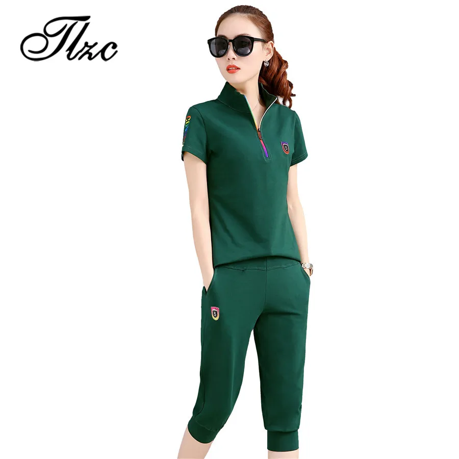 TLZC New Summer Woman Tracksuit Clothing Set font b Slim b font Sportwear Suit Plus Size