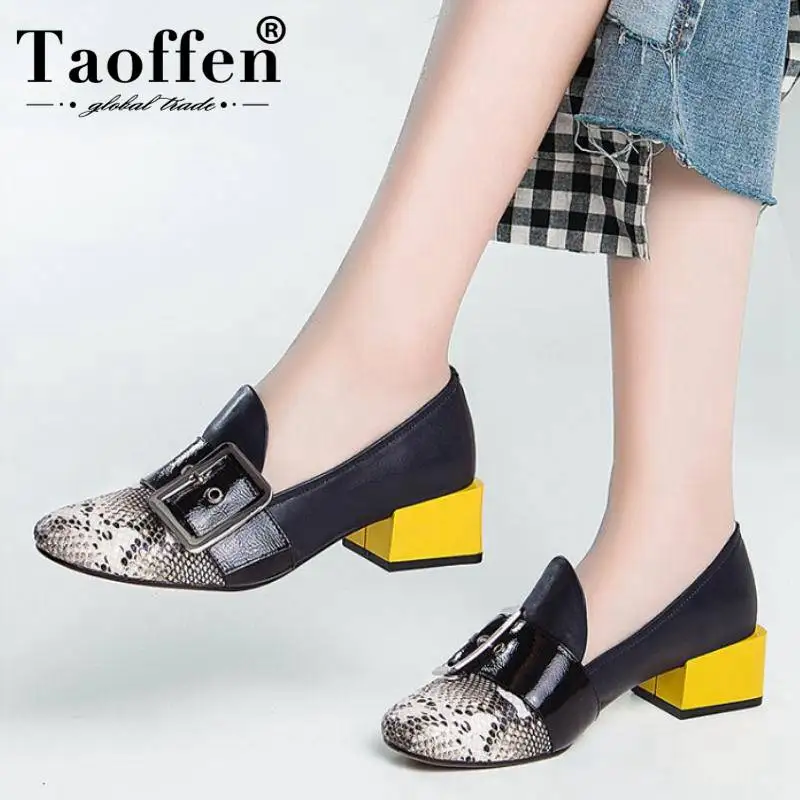 

Taoffen Women Real Leather High Heel Shoes Patchwork Sqaure Toe Buckle Slip On Pumps Fashion Office Shoes Women Size 33-43