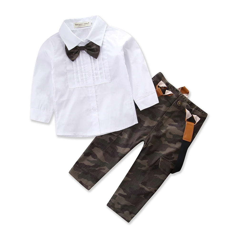 Комплект из 2 предметов для маленьких девочек повседневные рубашки джентльмена Топы+ камуфляжные брюки на подтяжках, штаны, одежда От 1 до 6 лет