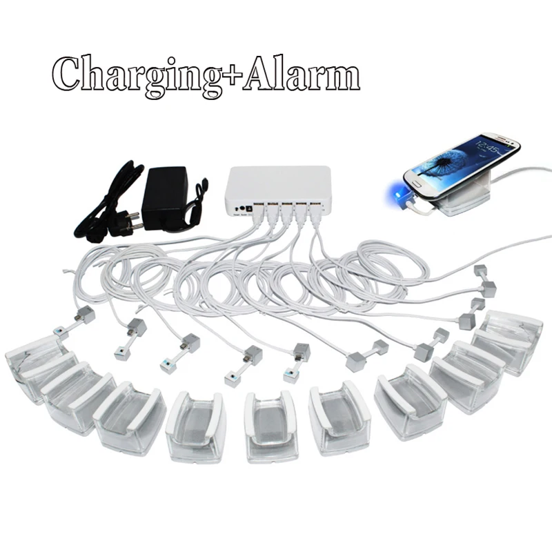

10 port mobile phone security stand cellphone alarm system tablet display anti theft holder with security cable acrylic stand